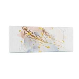 Impression sur verre - Image sur verre - Un délicat motif de feuille dorée sur un fond pastel avec des détails aquarelles. - 140x50cm - Explosion d'or - Décoration murale moderne pour le salon et la chambre ARTTOR
