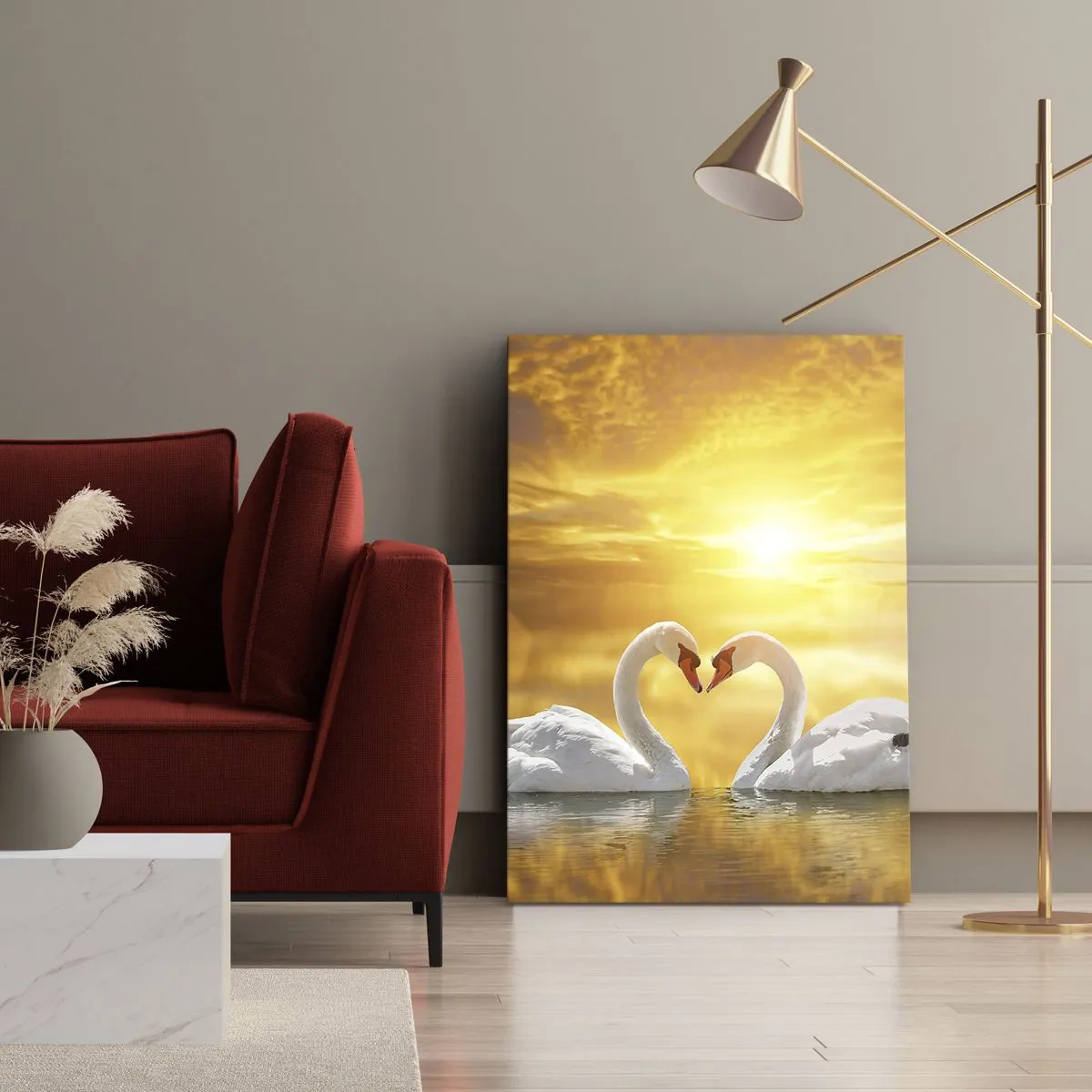 Impression sur toile - Image sur toile - Une scène romantique de deux cygnes formant un cœur sur fond de coucher de soleil doré. - 80x120cm - Le coeur est le plus beau mot du monde… - Décoration murale moderne pour le salon et la chambre ARTTOR