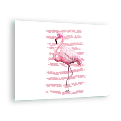 Impression sur verre - Image sur verre - Un flamant rose sur un fond de rayures roses artistiques. - 70x50cm - Avec dignité, bien qu'en rose - Décoration murale moderne pour le salon et la chambre ARTTOR