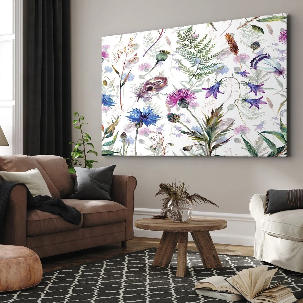 Impression sur toile - Image sur toile - Fleurs et herbes à l'aquarelle sur fond blanc dans le style herbier - 100x70cm - Herbier polonais - Décoration murale moderne pour le salon et la chambre ARTTOR