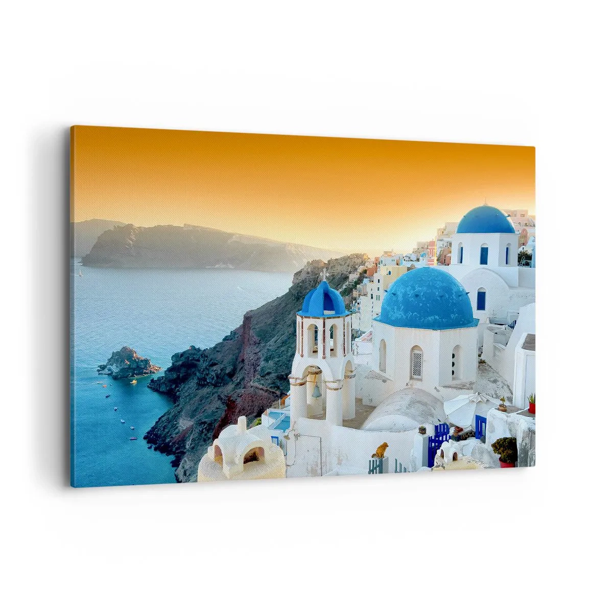 Impression sur toile - Image sur toile - Vue de Santorin avec des bâtiments blancs et une mer bleue - 120x80cm - Santorin - blotti contre les rochers - Décoration murale moderne pour le salon et la chambre ARTTOR