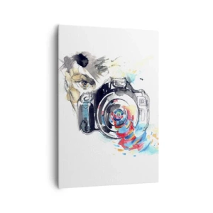 Impression sur toile - Image sur toile - Appareil photo aquarelle avec des détails colorés - 70x100cm - Dans l'oeil de l'objectif - Décoration murale moderne pour le salon et la chambre ARTTOR