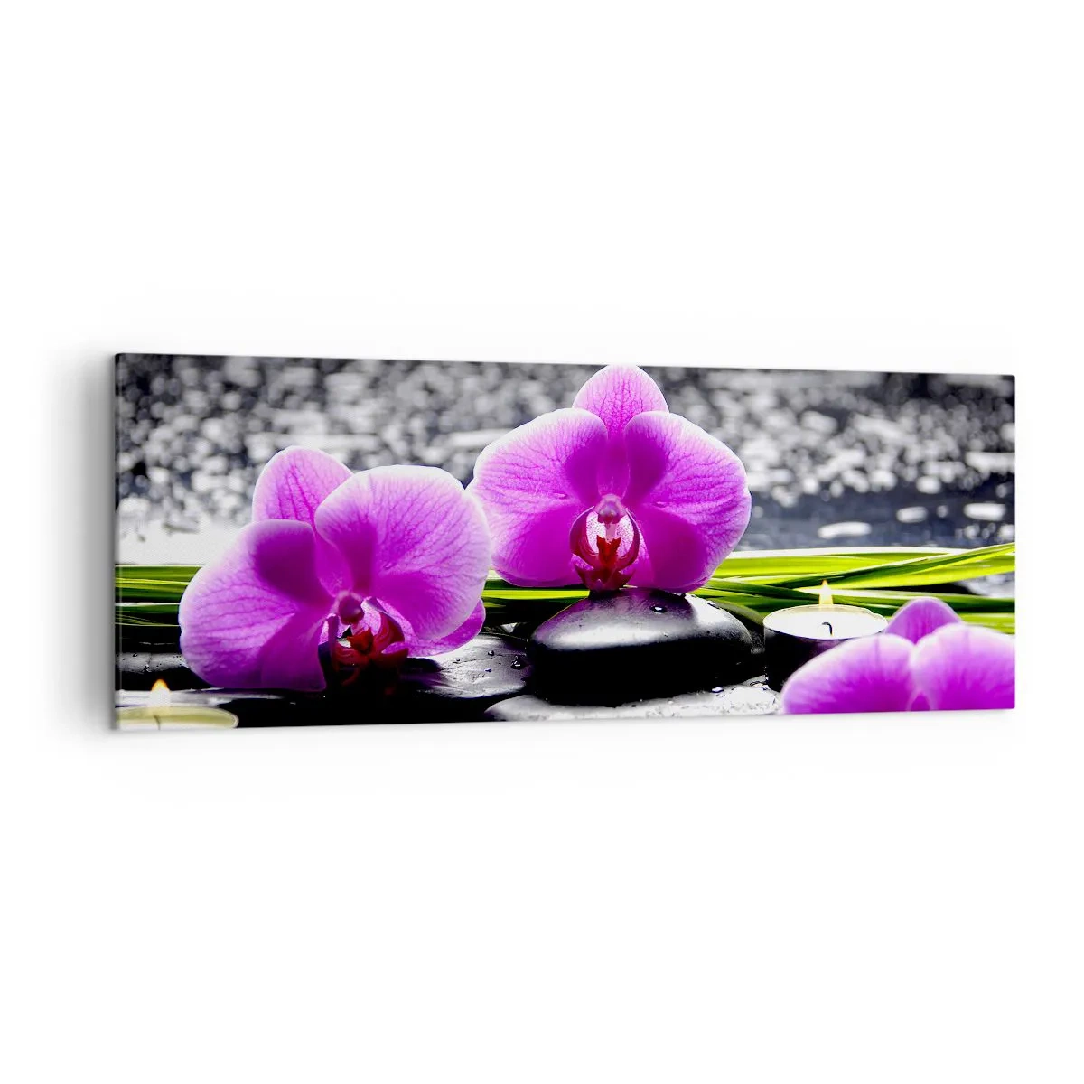 Impression sur toile - Image sur toile - Orchidées violettes sur fond de pierres et de bougies dans un cadre relaxant - 140x50cm - Se noyer dans la paix et la tranquillité - Décoration murale moderne pour le salon et la chambre ARTTOR