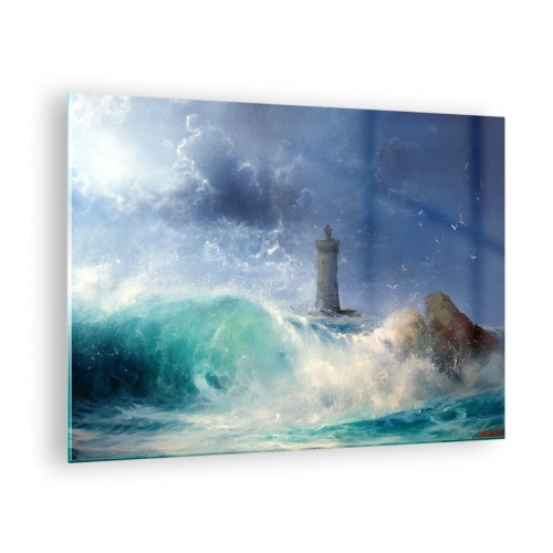 Impression sur verre - Image sur verre - Un phare parmi les vagues agitées de l'océan - 70x50cm - En garde contre les éléments - Décoration murale moderne pour le salon et la chambre ARTTOR