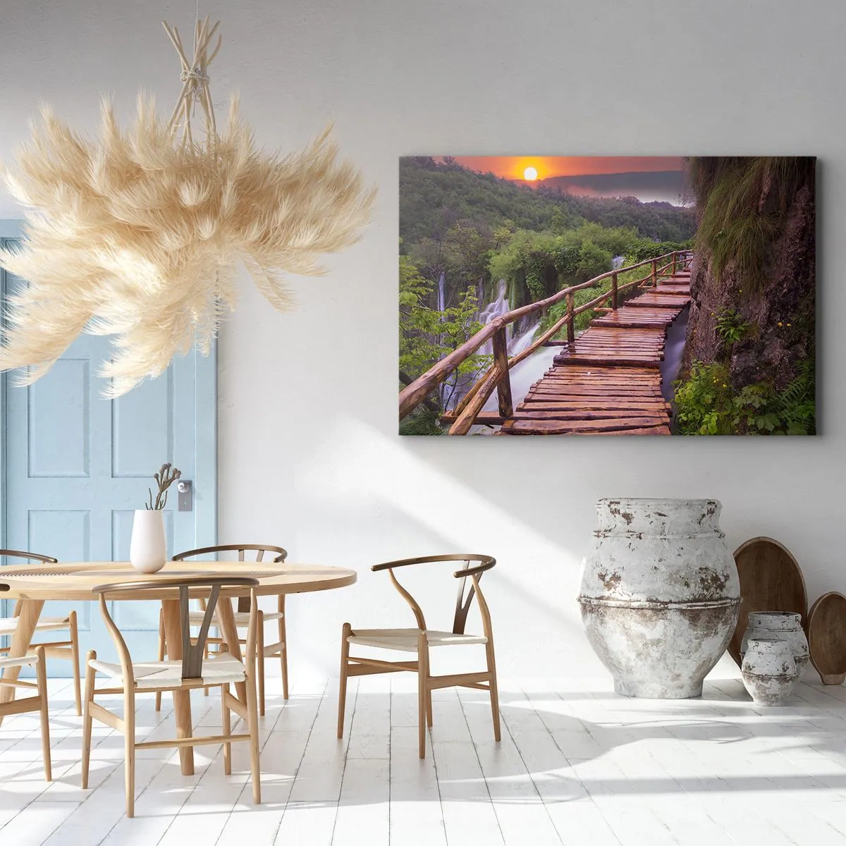 Impression sur toile - Image sur toile - Un pont surplombant les cascades au coucher du soleil - 100x70cm - La beauté au-delà de la croyance - Décoration murale moderne pour le salon et la chambre ARTTOR