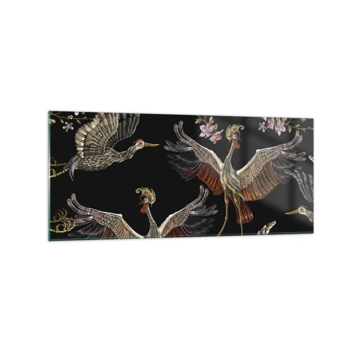 Impression sur verre - Image sur verre - Grues et fleurs élégantes sur fond noir - 120x50cm - Un oiseau de conte de fées - Décoration murale moderne pour le salon et la chambre ARTTOR