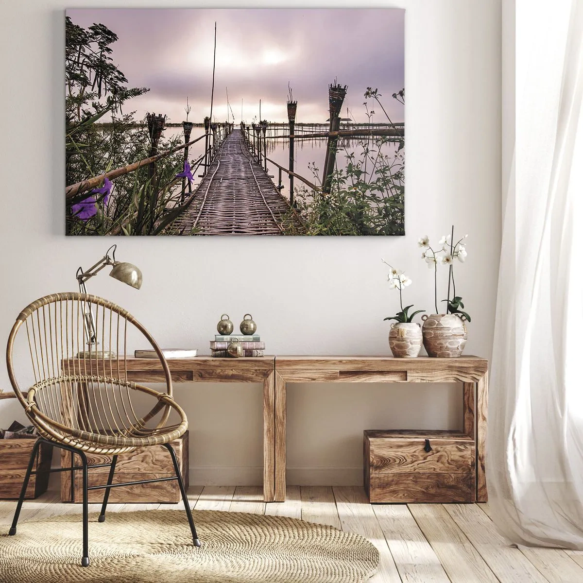 Impression sur toile - Image sur toile - Pont de bambou sur l'eau à l'aube - 120x80cm - Le silence et le calme d'Asie - Décoration murale moderne pour le salon et la chambre ARTTOR