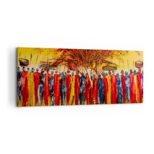Impression sur toile - Image sur toile - Une scène colorée avec des personnages africains sur fond de soleil couchant. - 120x50cm - Là-bas, là-bas, ils vont là-bas - Décoration murale moderne pour le salon et la chambre ARTTOR