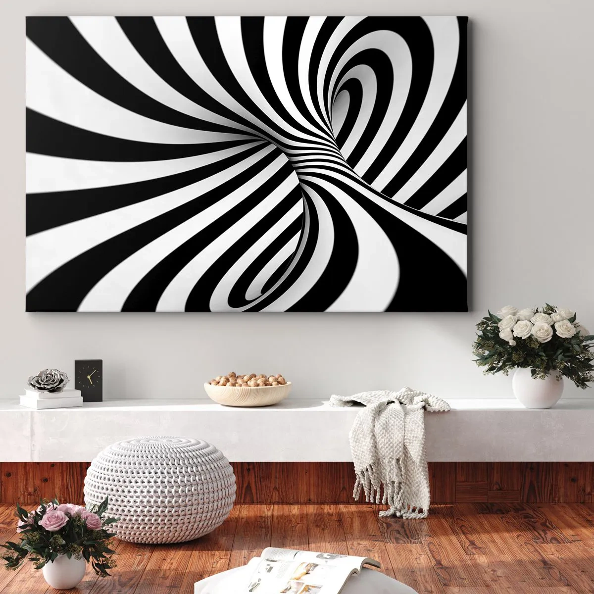 Impression sur toile - Image sur toile - Tunnel abstrait avec des rayures en spirale noires et blanches - 120x80cm - Composition : espace de danse - Décoration murale moderne pour le salon et la chambre ARTTOR
