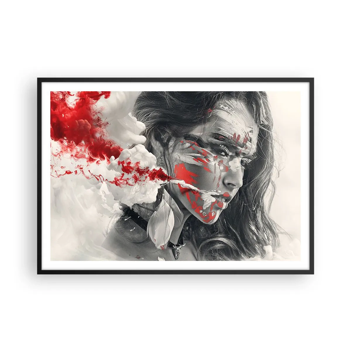 Affiche dans un cadre noir - Poster - Portrait artistique d'une femme aux accents rouges abstraits - 100x70cm - Dans les fumées de l'absurde - Décoration murale moderne pour le salon et la chambre ARTTOR