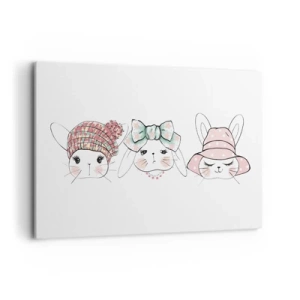 Impression sur toile - Image sur toile - Adorables lapins portant des coiffes pastel - 120x80cm - Pensif, triste, satisfait - Décoration murale moderne pour le salon et la chambre ARTTOR