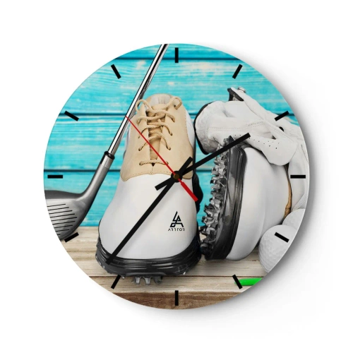 Horloge murale - Pendule murale - Chaussures de golf, club de golf et balles sur fond de bois bleu - 30x30cm - Tout est prêt - Décoration murale moderne pour le salon, la cuisine et la chambre ARTTOR