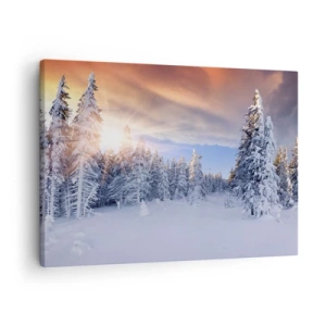 Impression sur toile - Image sur toile - Paysage d'hiver avec une forêt enneigée au coucher du soleil - 70x50cm - Un spectacle enneigé de la nature - Décoration murale moderne pour le salon et la chambre ARTTOR