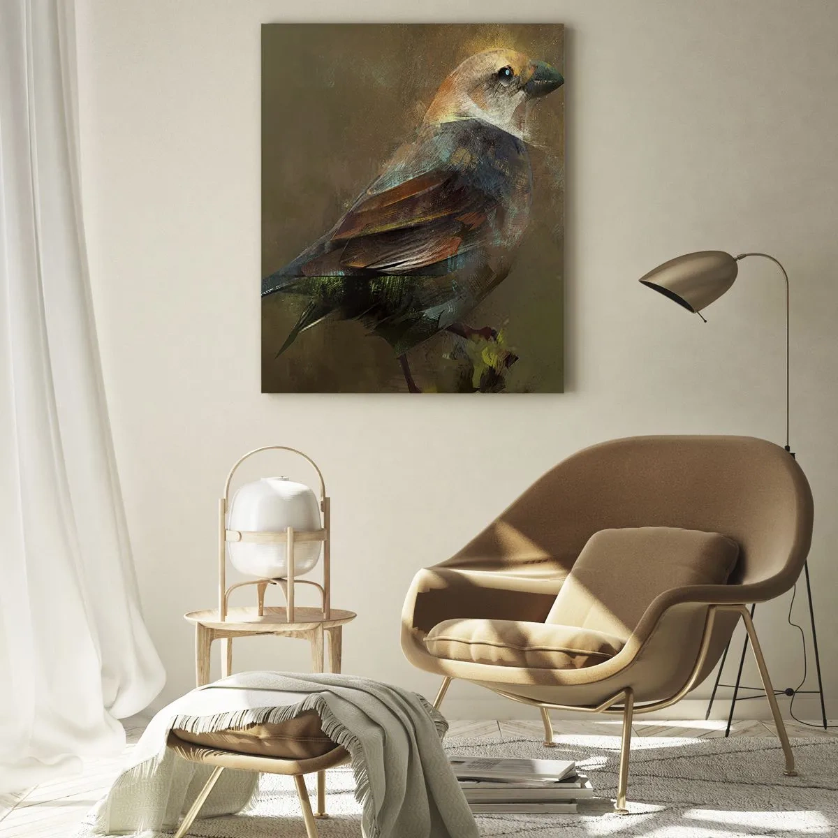 Impression sur verre - Image sur verre - Un moineau dans un style artistique et pictural sur un fond neutre - 50x70cm - Un moineau, un petit oiseau - Décoration murale moderne pour le salon et la chambre ARTTOR