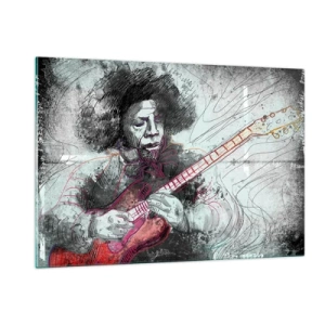 Impression sur verre - Image sur verre - Portrait artistique d'un musicien avec une guitare électrique - 120x80cm - Sur les vagues de la musique - Décoration murale moderne pour le salon et la chambre ARTTOR