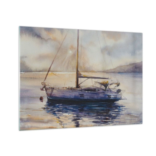 Impression sur verre - Image sur verre - Un yacht amarré dans une baie tranquille au crépuscule - 70x50cm - Soirée sur la baie - Décoration murale moderne pour le salon et la chambre ARTTOR