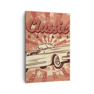 Impression sur toile - Image sur toile - Affiche rétro avec une voiture classique et les mots Classic Garage - 70x100cm - Et à la radio, Elvis - Décoration murale moderne pour le salon et la chambre ARTTOR