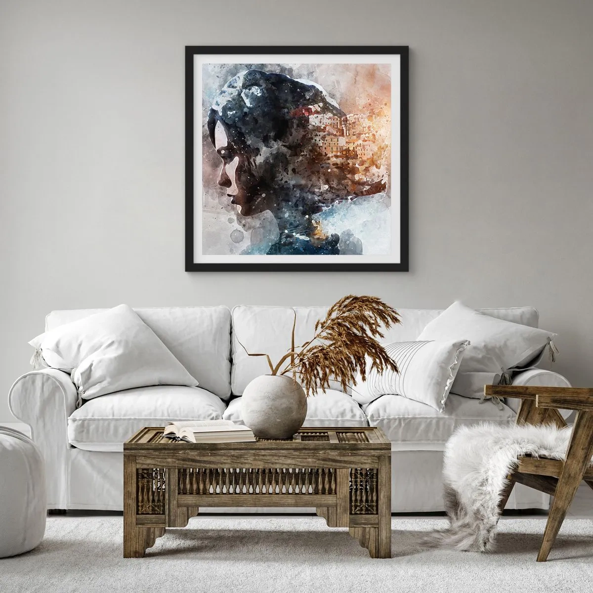 Affiche dans un cadre noir - Poster - L'histoire d'une fille avec une ville en arrière-plan - 50x50 cm