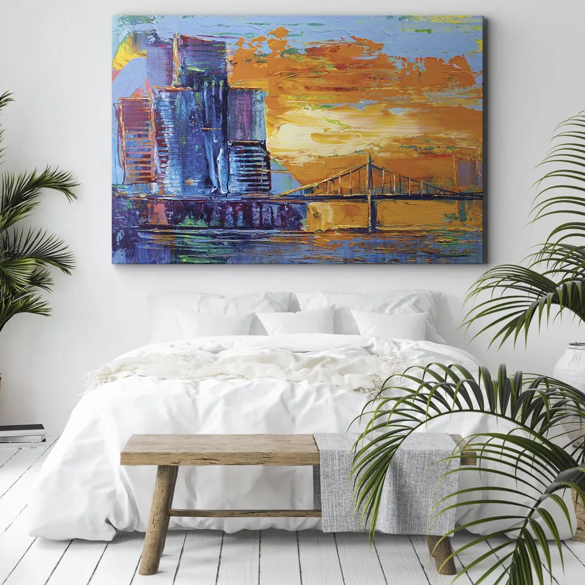 Impression sur toile - Image sur toile - Une ville colorée avec un pont au soleil couchant - 70x50cm - Culture et nature - Décoration murale moderne pour le salon et la chambre ARTTOR