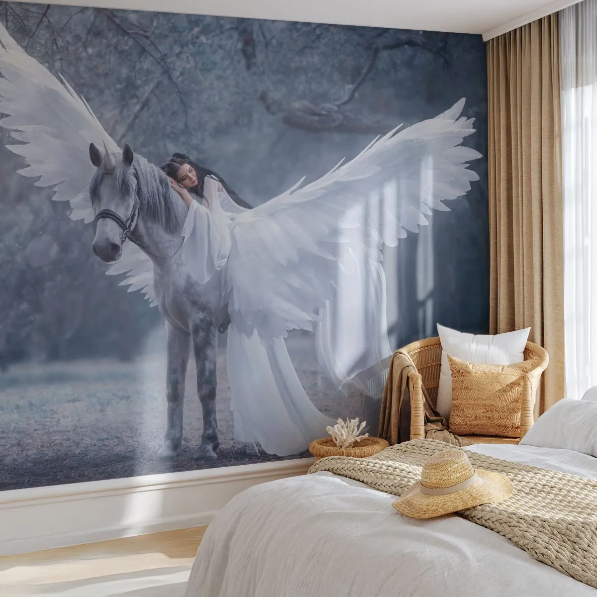 Papier Peint Photo Premium Sand - Une femme sur un cheval blanc ailé dans une forêt magique - 100x70cm - Un moment inspiré - Décoration murale moderne pour le salon et la chambre ARTTOR