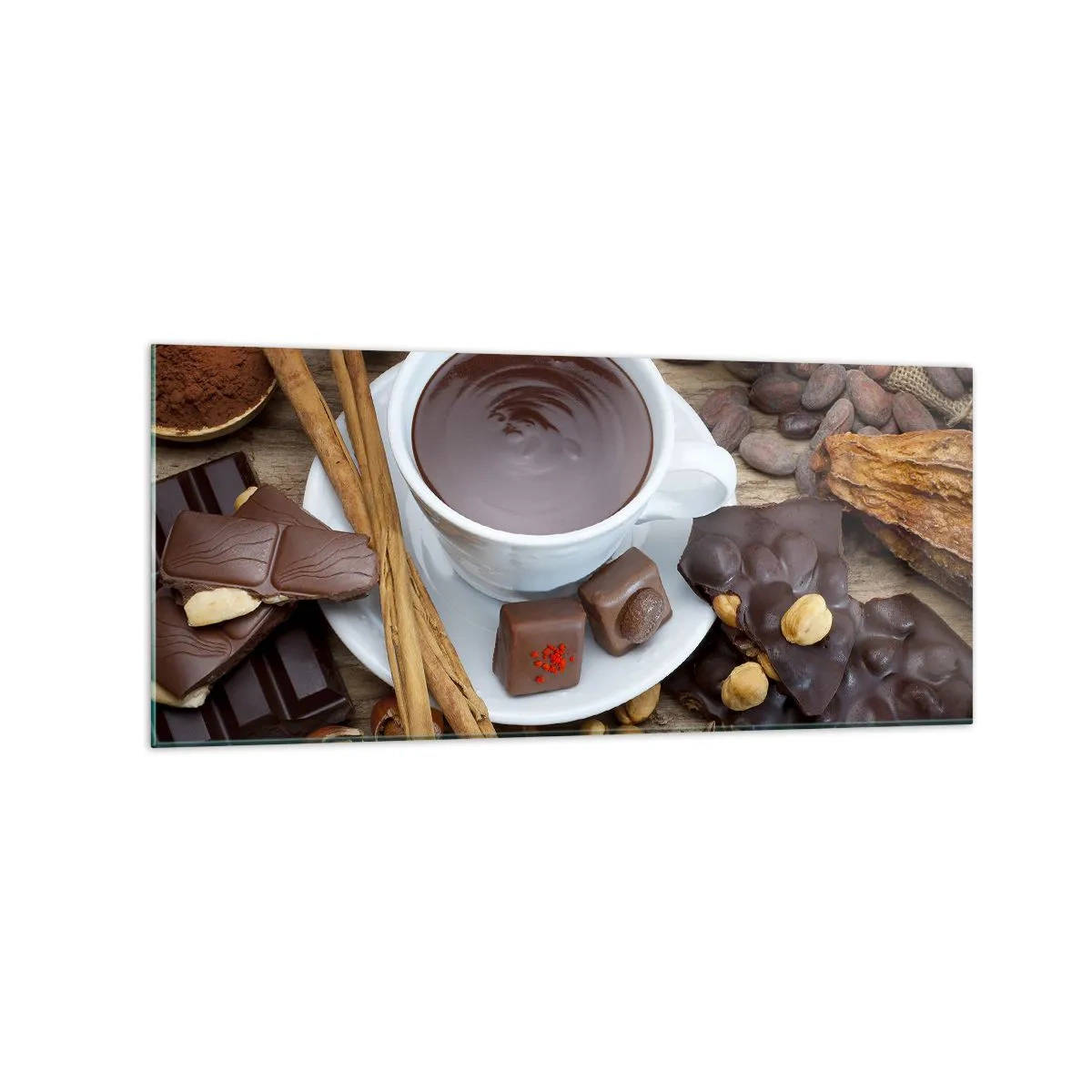 Impression sur verre - Image sur verre - Une tasse de chocolat chaud entourée d'ingrédients de dessert - 120x50cm - D'une chocolaterie de conte de fées - Décoration murale moderne pour le salon et la chambre ARTTOR