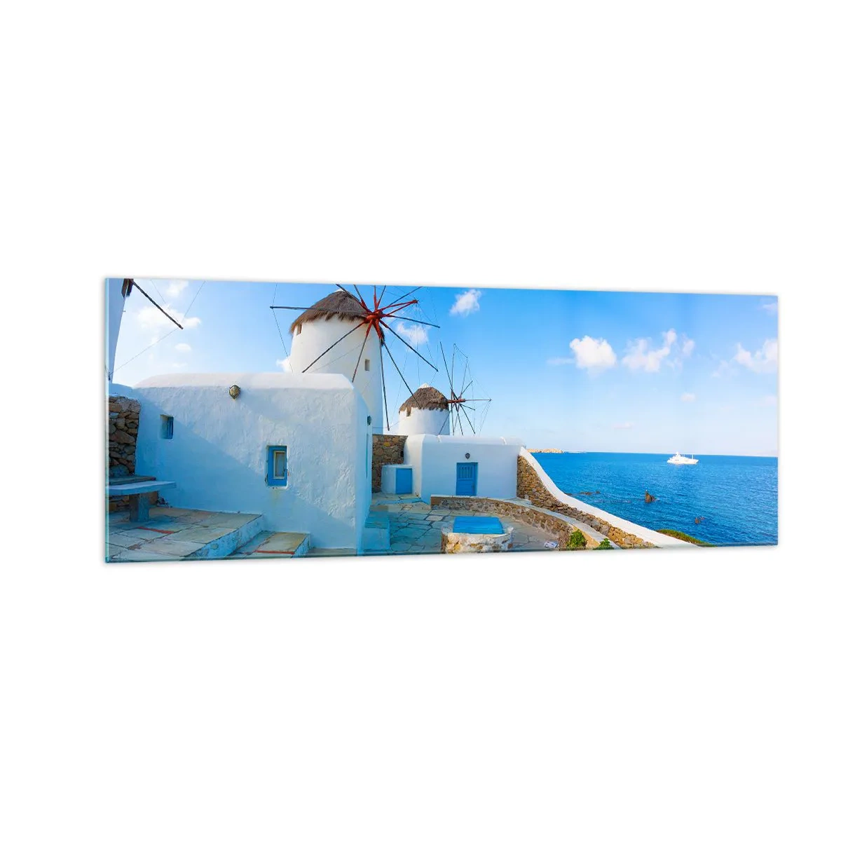 Impression sur verre - Image sur verre - Des moulins à vent blancs sur les rives de la mer bleue - 140x50cm - Le vent bleu de la mer - Décoration murale moderne pour le salon et la chambre ARTTOR