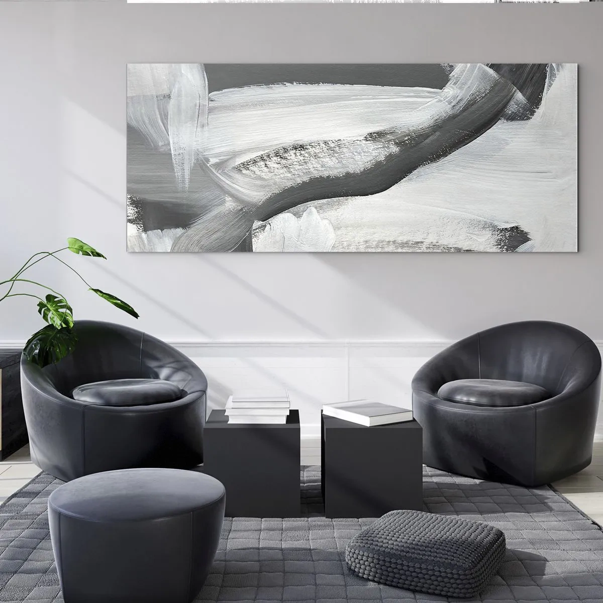 Impression sur verre - Image sur verre - Abstraction grise et blanche avec des lignes dynamiques - 120x50cm - Un geste décisif - Décoration murale moderne pour le salon et la chambre ARTTOR