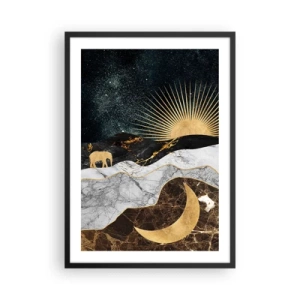 Affiche dans un cadre noir - Poster - Paysage doré avec la lune, le soleil et la silhouette d'un éléphant - 50x70cm - Lois éternelles - Décoration murale moderne pour le salon et la chambre ARTTOR