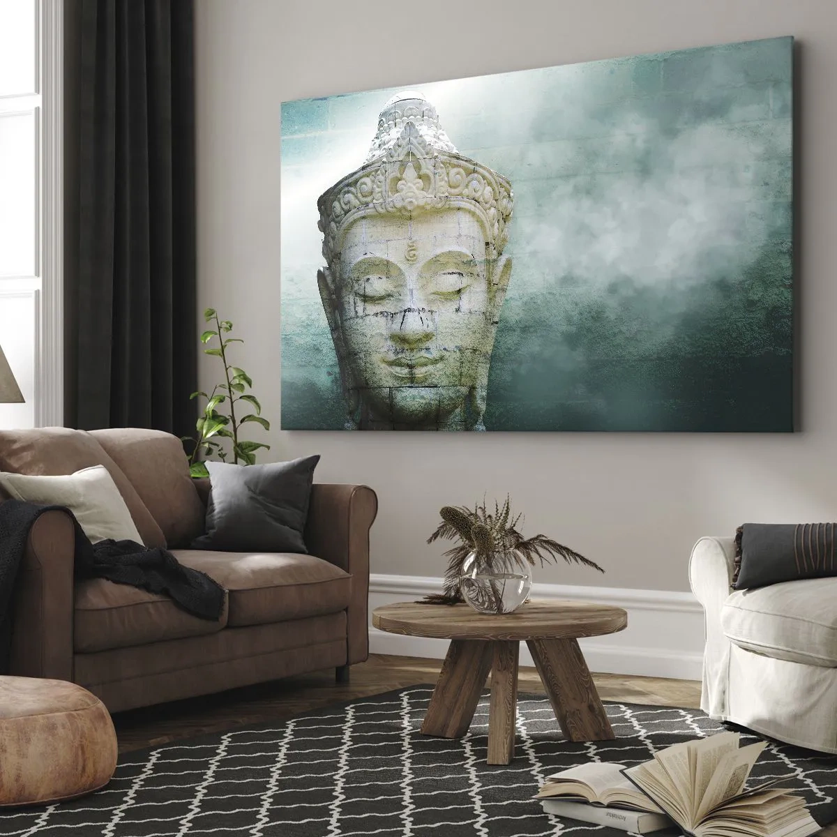 Impression sur toile - Image sur toile - Statue de Bouddha avec une douce brume sur un fond vert - 70x50cm - A la recherche de la lumière - Décoration murale moderne pour le salon et la chambre ARTTOR