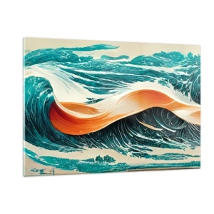 Impression sur verre - Image sur verre - Vagues turquoise avec un ruban orange dans un style surréaliste - 120x80cm - Le rêve d'un surfeur - Décoration murale moderne pour le salon et la chambre ARTTOR