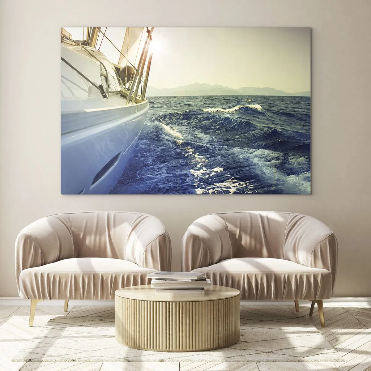 Impression sur verre - Image sur verre - Un voilier sur une mer calme à la lumière du soleil couchant - 70x50cm - Suite à l'aventure - Décoration murale moderne pour le salon et la chambre ARTTOR