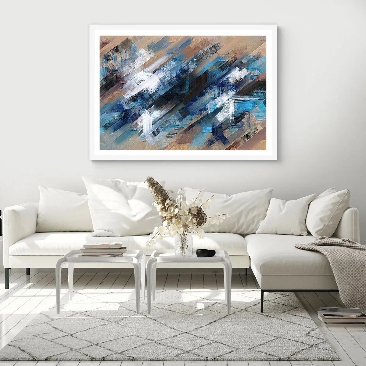 Affiche dans un cadre blanc - Poster - Diagonale de bleus - 40x30 cm