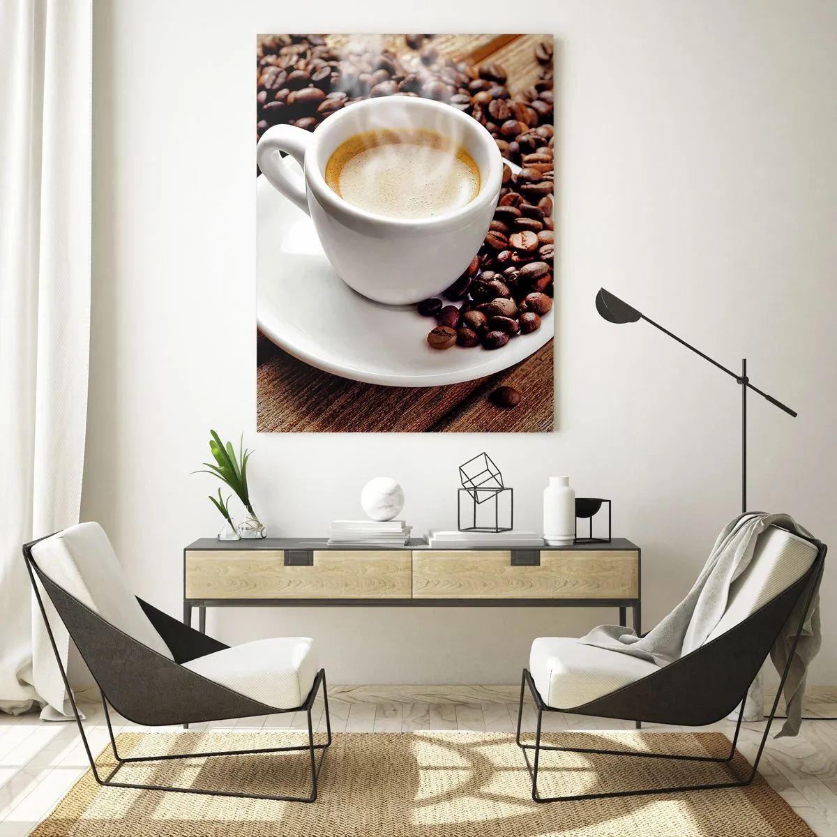 Impression sur verre - Image sur verre - Une tasse de café aromatique sur fond de grains et d'une feuille - 80x120cm - Café sur un banc - Décoration murale moderne pour le salon et la chambre ARTTOR