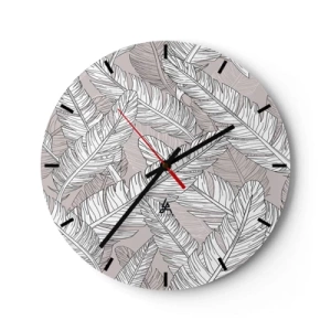 Horloge murale - Pendule murale - Feuilles de bananier noires et blanches sur fond clair - 30x30cm - Un tourbillon de plumes - Décoration murale moderne pour le salon, la cuisine et la chambre ARTTOR