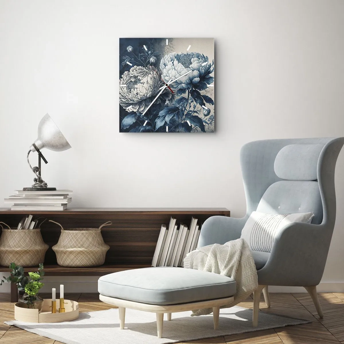 Horloge murale - Pendule murale - Pivoines bleues sur un fond subtil avec un motif délicat - 30x30cm - Paire assortie - Décoration murale moderne pour le salon et la chambre ARTTOR