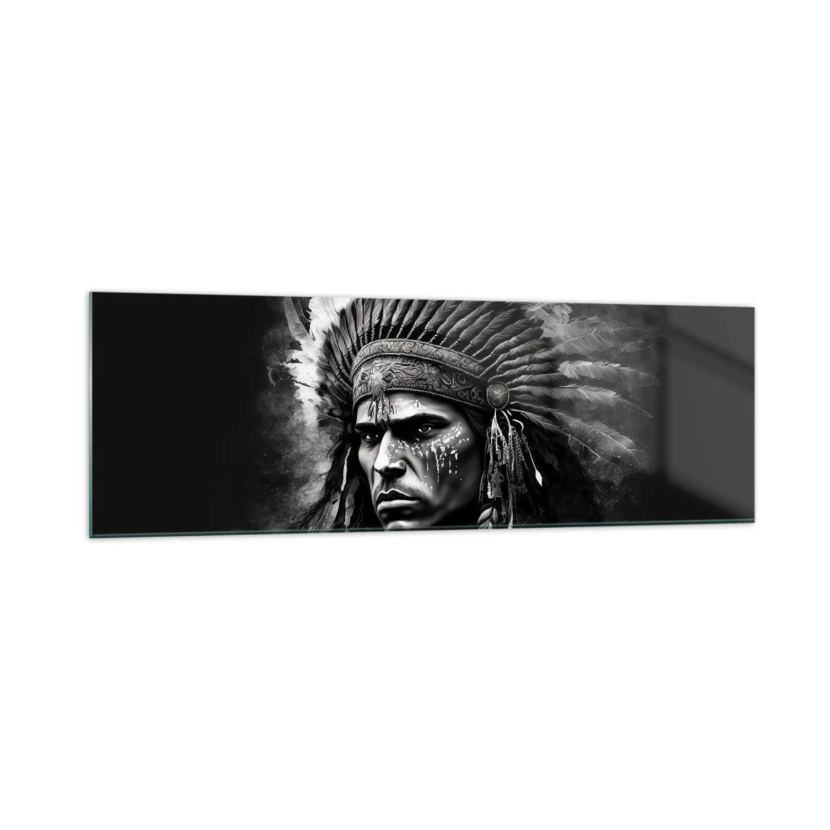 Impression sur verre - Image sur verre - Portrait d'un chef portant une coiffe à plumes sur fond noir - 160x50cm - Un leader et un guerrier - Décoration murale moderne pour le salon et la chambre ARTTOR