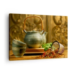 Impression sur toile - Image sur toile - Pichet en céramique avec tasses et thé séché - 70x50cm - Un traité sur la consommation de thé - Décoration murale moderne pour le salon et la chambre ARTTOR