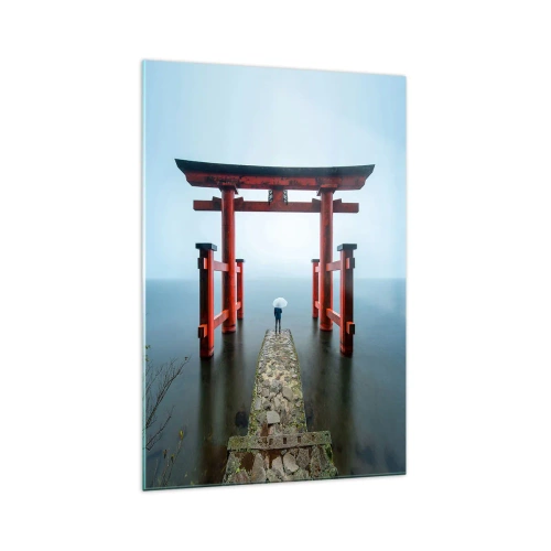 Impression sur verre - Image sur verre - Un portail torii surplombant un lac tranquille au Japon - 70x100cm - Rêverie japonnaise - Décoration murale moderne pour le salon et la chambre ARTTOR