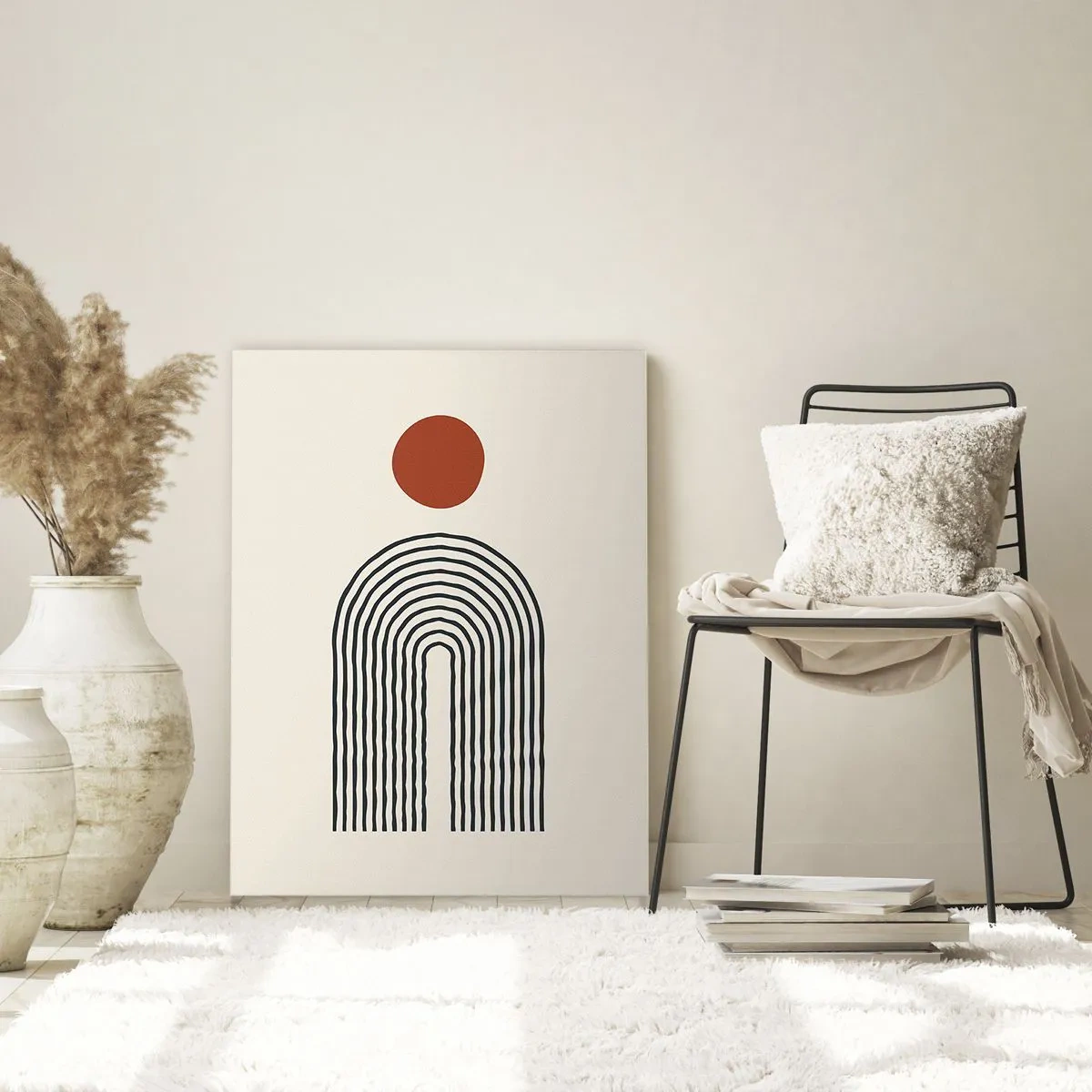 Impression sur verre - Image sur verre - Motif abstrait moderne avec des lignes et un cercle rouge - 80x120cm - Le magnétisme des formes et des couleurs - Décoration murale moderne pour le salon et la chambre ARTTOR