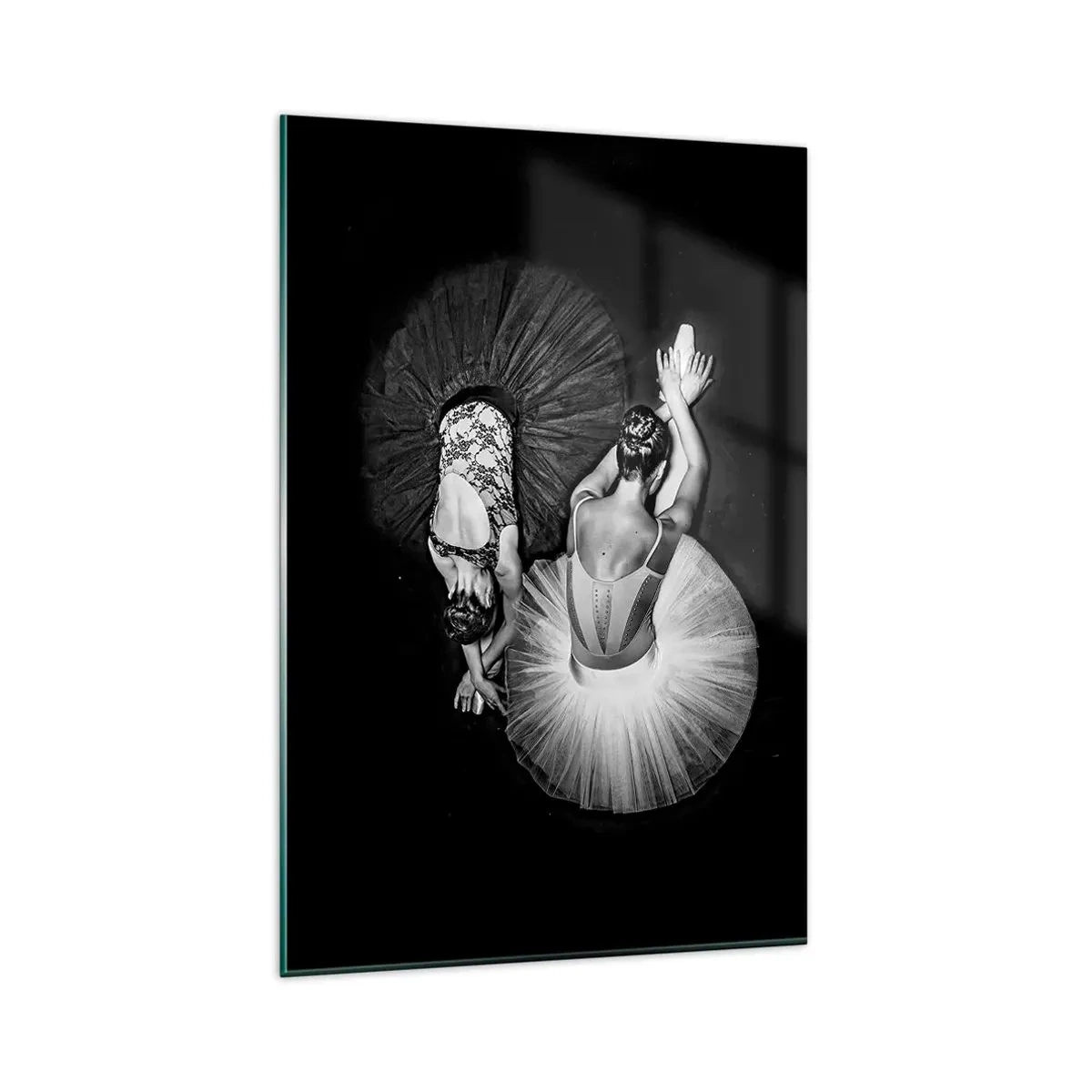 Impression sur verre - Image sur verre - Une image en noir et blanc de deux ballerines dans une pose dynamique. - 80x120cm - Jin et jang – équilibre idéal - Décoration murale moderne pour le salon et la chambre ARTTOR