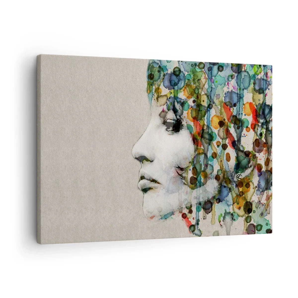 Impression sur toile - Image sur toile - Profil d'une femme aux couleurs aquarelles avec un fond abstrait - 70x50cm - Elle est sortie de la grisaille - Décoration murale moderne pour le salon et la chambre ARTTOR