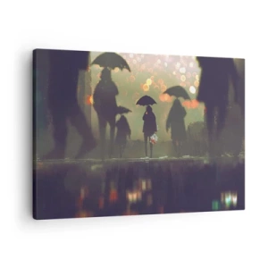 Impression sur toile - Image sur toile - Une silhouette avec un parapluie un soir pluvieux parmi les lumières de la ville - 70x50cm - Du point de vue d'une goutte de pluie - Décoration murale moderne pour le salon et la chambre ARTTOR