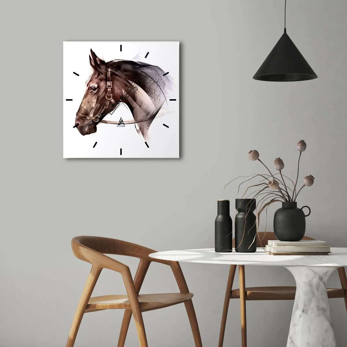 Horloge murale - Pendule murale - Un profil de cheval dans une forme artistique délicate sur fond blanc - 30x30cm - Quelle grâce - Décoration murale moderne pour le salon et la chambre ARTTOR