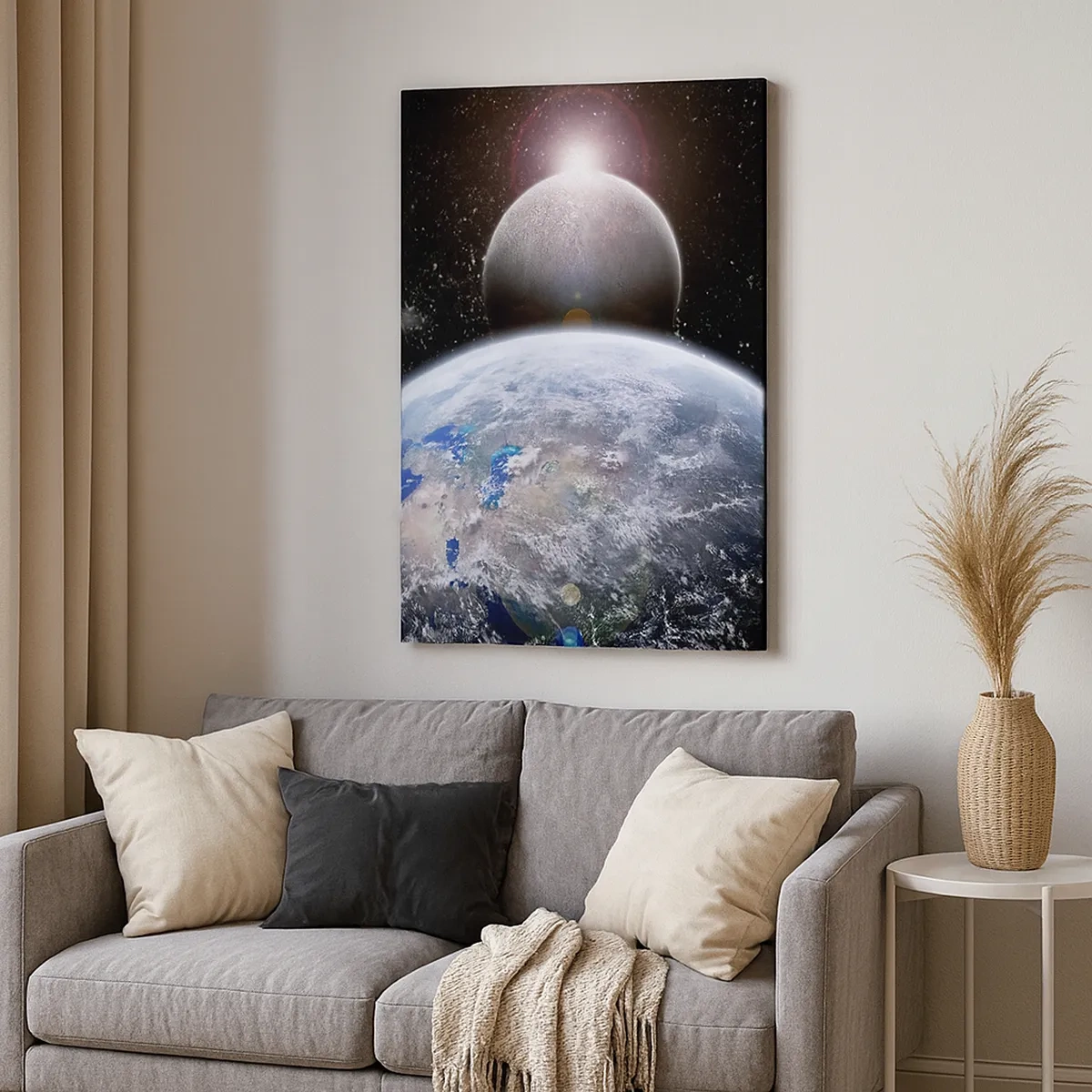 Impression sur toile - Image sur toile - La planète Terre et la Lune sur fond d'espace étoilé. - 50x70cm - Paysage cosmique - lever de soleil - Décoration murale moderne pour le salon et la chambre ARTTOR