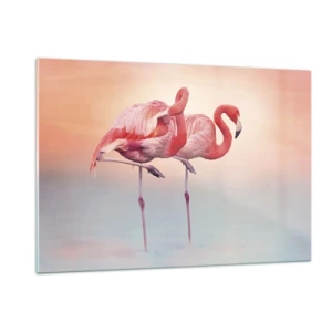 Impression sur verre - Image sur verre - Deux flamants roses debout dans l'eau avec un coucher de soleil pastel en arrière-plan - 120x80cm - Dans les couleurs du soleil couchant - Décoration murale moderne pour le salon et la chambre ARTTOR
