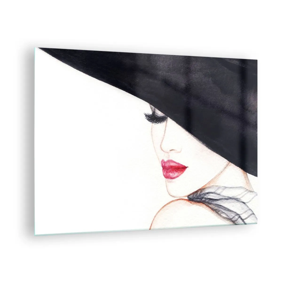 Impression sur verre - Image sur verre - Un portrait subtil d'une femme au chapeau et aux lèvres rouges - 70x50cm - Élégance et sensualité - Décoration murale moderne pour le salon et la chambre ARTTOR