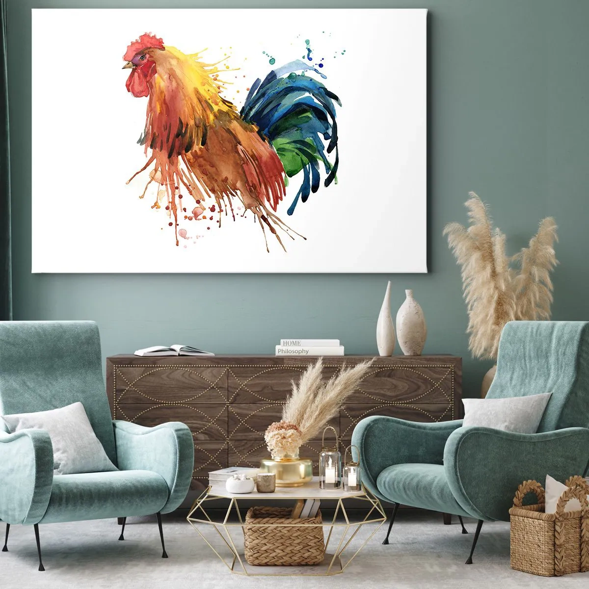 Impression sur toile - Image sur toile - Coq coloré dans un style aquarelle - 100x70cm - Robe royale, fierté royale - Décoration murale moderne pour le salon et la chambre ARTTOR