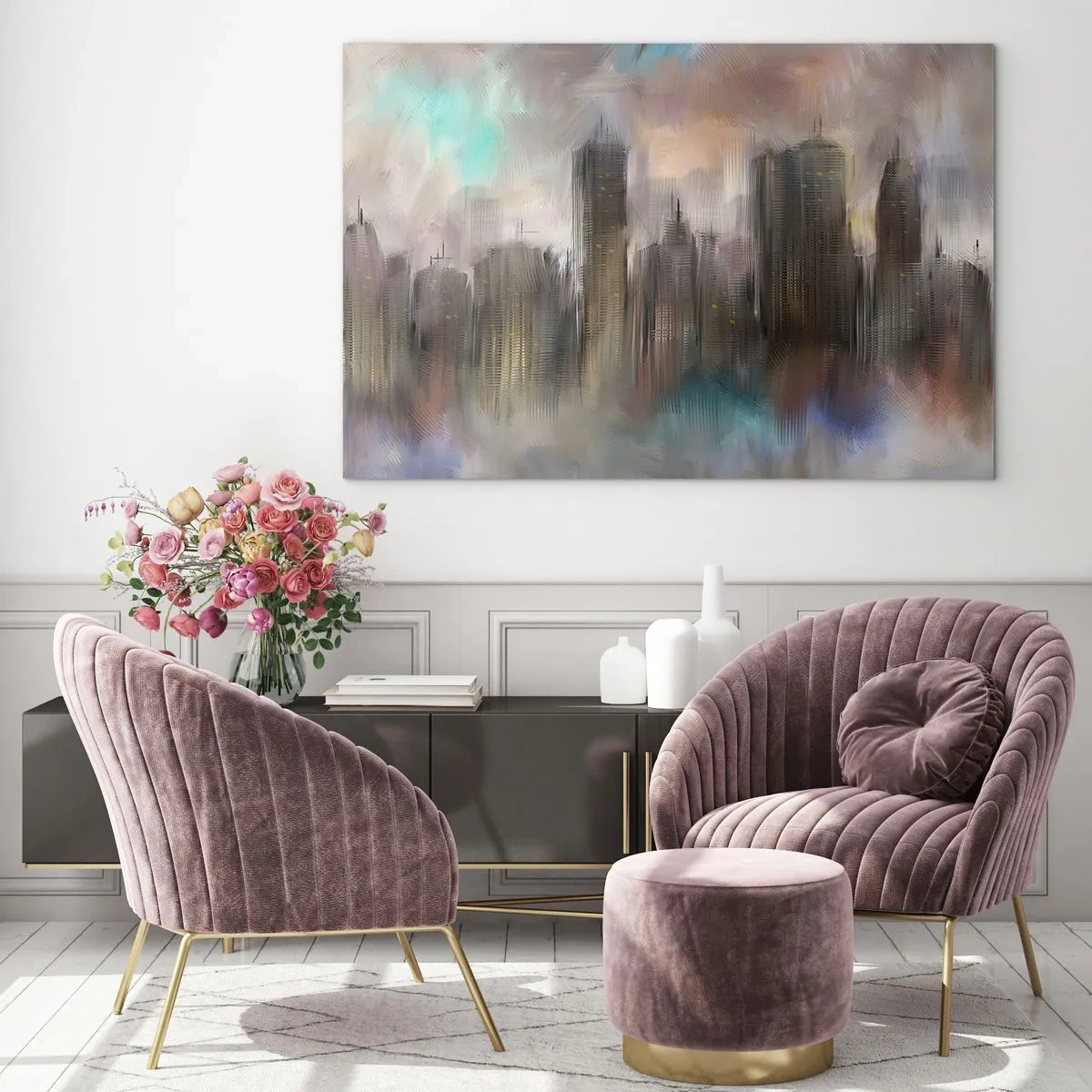 Impression sur verre - Image sur verre - Image abstraite d'une ville avec des gratte-ciel - 120x80cm - Une composition d'acier, de pierre et de brouillard - Décoration murale moderne pour le salon et la chambre ARTTOR