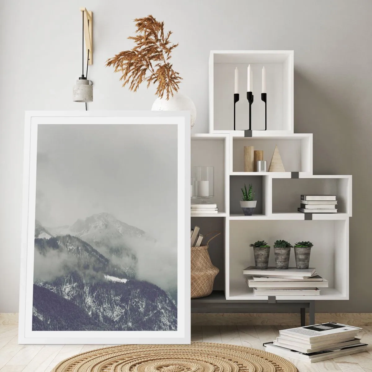 Affiche dans un cadre blanc - Poster - Vallée brumeuse - 40x50 cm