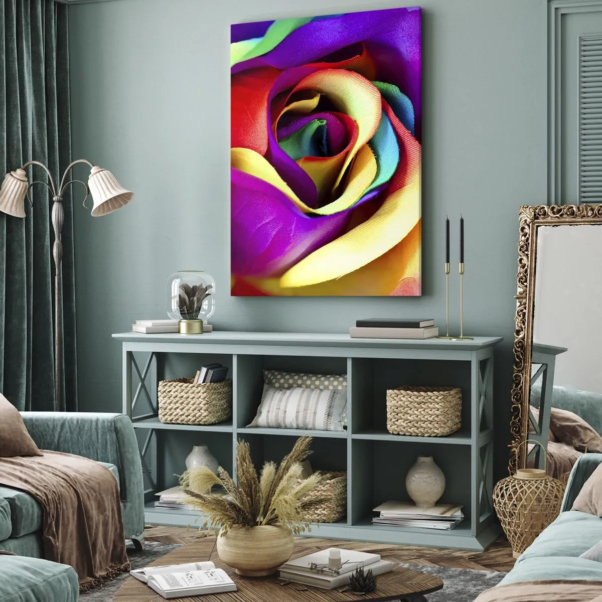 Impression sur toile - Image sur toile - Une rose colorée aux nuances de l'arc-en-ciel - 50x70cm - Ce n'est pas possible - Décoration murale moderne pour le salon et la chambre ARTTOR
